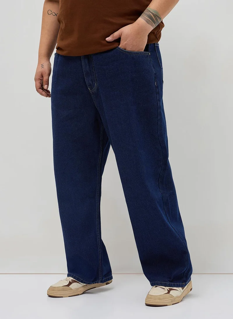 أوربانو فاشن Urbano Plus Men's Dark Blue Loose Baggy Fit Washed Denim Jeans Non-Stretchable
